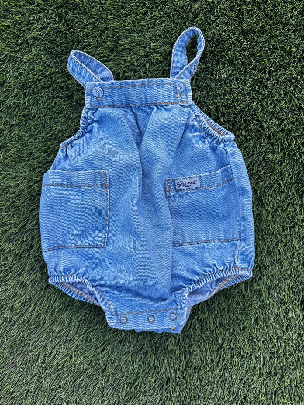 Vintage Guess Denim Blue Baby Overalls Bubble Romper